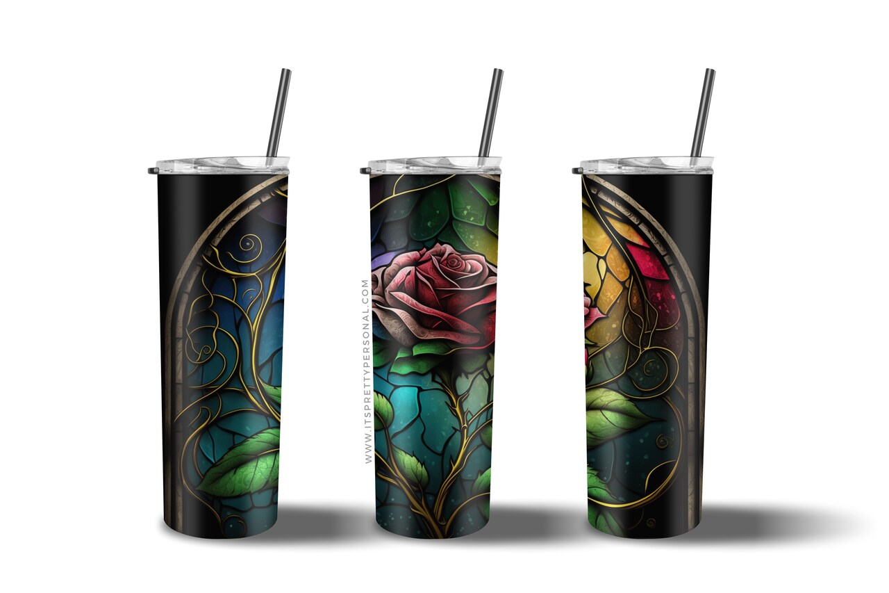 #29 CLEAR- 20oz - Stained Glass Red Rose 9.4" x 8" Pattern Vinyl Wrap